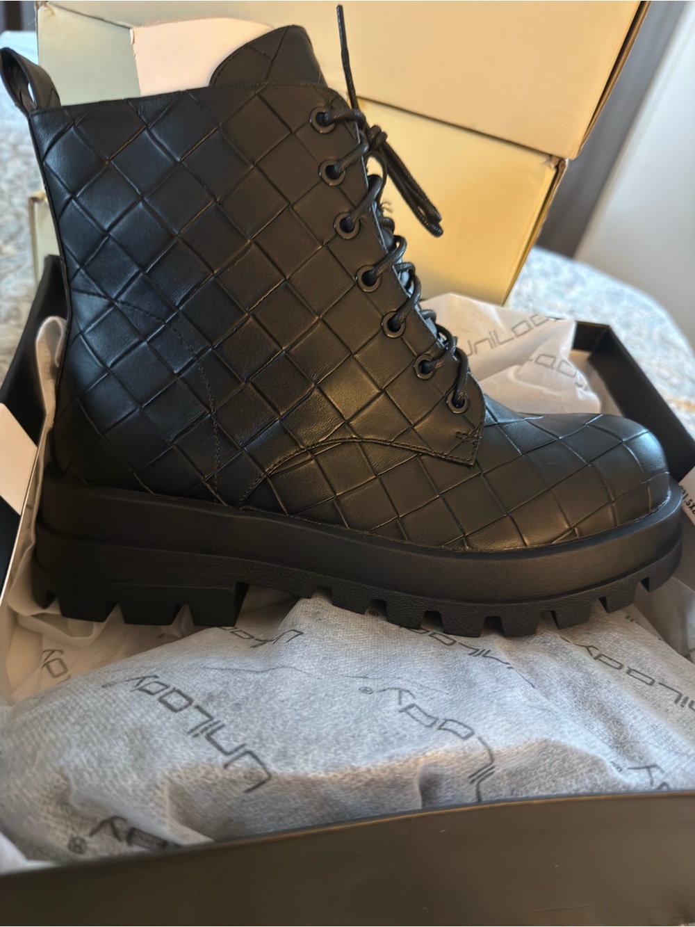 Quilted Black Leather Combat Boots with Lug Sole
